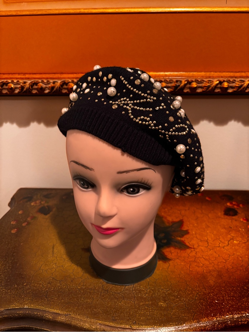 KL Embellished Black Pearl Beret